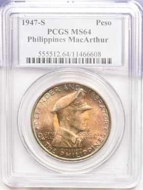 Philippines 1947 'S Peso PCGS MS64 stunning rainbow color PC1494 combine shippin