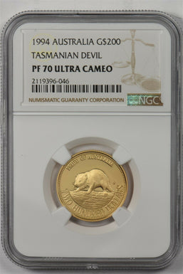 Australia 1994 200 Dollars gold Tasmanian devil animal NGC Proof 70 Ultra Cameo