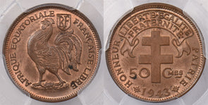 French Equatorial Africa 1943 SA 50 Centimes Rooster animal PCGS MS 64 RED BROWN