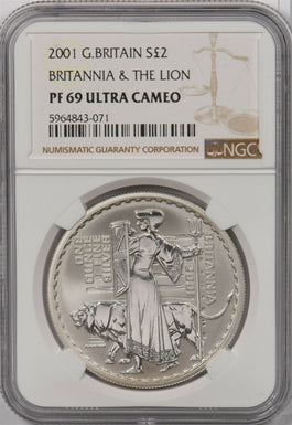 Great Britain 2001 2 Pounds silver NGC PF69UC Britannia & the lion NG1318 combin