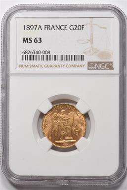 1897-A Gold France 20 Francs Gold AGW 0.1867oz NGC MS63 NG1793