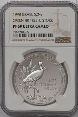 Israel 1998 2 New Sheqalim silver NGC Proof 69UC Green Fir Tree & Stork NG1489 c