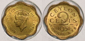 Ceylon 1951 2 Cents 199058 combine shipping