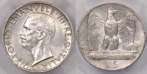 Italy 1929 R 5 Lire Eagle animal PCGS MS 63 **FERT** KM-67.2 PI0115 combine ship