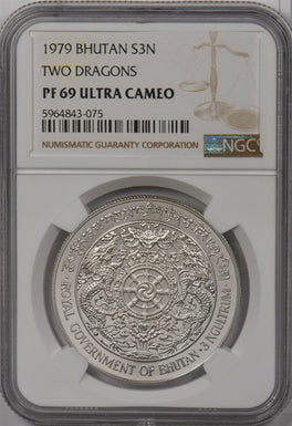 Bhutan 1979 3 Ngultrum silver NGC PF69UC Two dragons NG1317 combine shipping