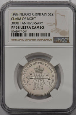 Great Britain 1989 2 Pound silver NGC Proof 68UC Piefort Claim of Right 300th An