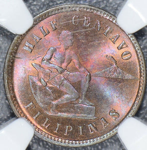 Philippines  1903 1/2 Centavo Megenta toning NGC MS64RB  NG0035 combine shipping