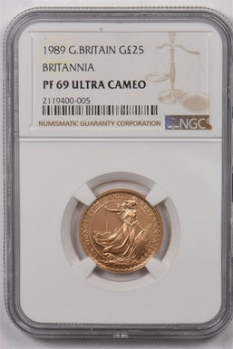 Great Britain 1989 25 Pound gold NGC Proof 69 Ultra Cameo 1/4oz gold. Britannia
