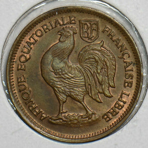 French Equatorial Africa 1943 50 Centimes Rooster animal UNC Cameroon 491405 com