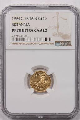 Great Britain 1994 10 Pound gold NGC Proof 70 Ultra Cameo 0.1oz gold. Britannia