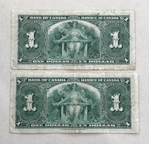 Canada 1937 Dollar 1)VF,2)VF+ Coyne/towers. Lot of 2 notes RC0351 combine shippi