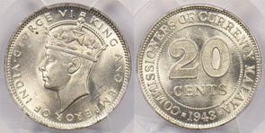 Malaya 1943 20 Cents PCGS MS 64 PC1276 combine shipping