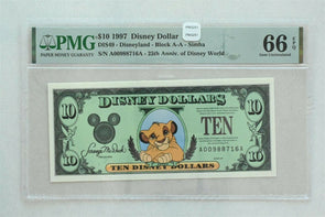 Disney Dollar 1997 $10 PMG Gem UNC 66EPQ DIS49. Simba. 25th Anniv. of Disney Wo