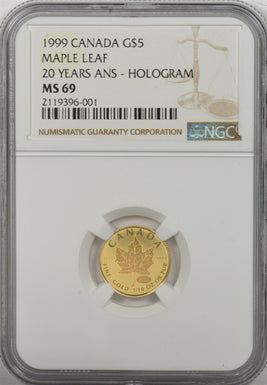 Canada 1999 5 Dollars gold NGC MS69 0.1oz gold. Maple leaf 20 years ANS - Hologr
