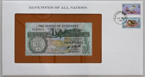Guernsey 1982 Pound Bank of all nations. 5 P & 7 P stamp canc. RC0582 combine sh