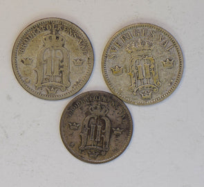 Sweden 1898 1907 25 Ore, 1874 10 Ore,  silver 3 pieces BU0376 combine shipping