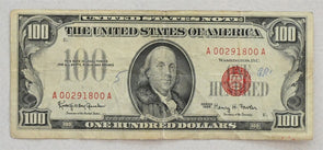 US 1966 United States Notes Small 100 Dollars US red seal note Abt VF w/ bank ma