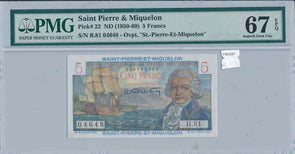 Saint Pierre & Miquelon 1950 5 Francs PMG 67EPQ #22 finest known combine PM0081