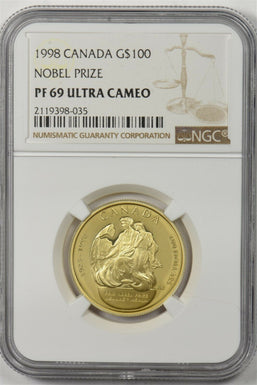 Canada 1998 100 Dollars gold NGC Proof 69 Ultra Cameo 0.25oz gold. Noble prize N