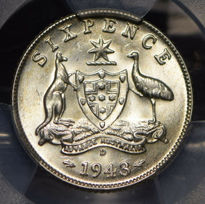 Australia 1943 6 Pence Kangaroo animal Emu PCGS MS62 PC0791* combine shipping<br