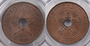 Belgian Congo 1888 10 Centimes PCGS MS 65+ BROWN Congo Free State PC1355 combine