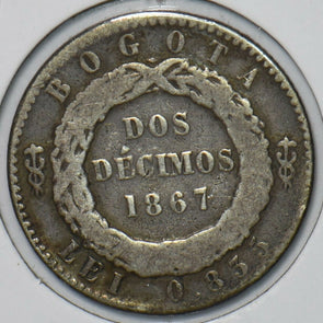 Colombia 1867 2 Decimos 296691 combine shipping