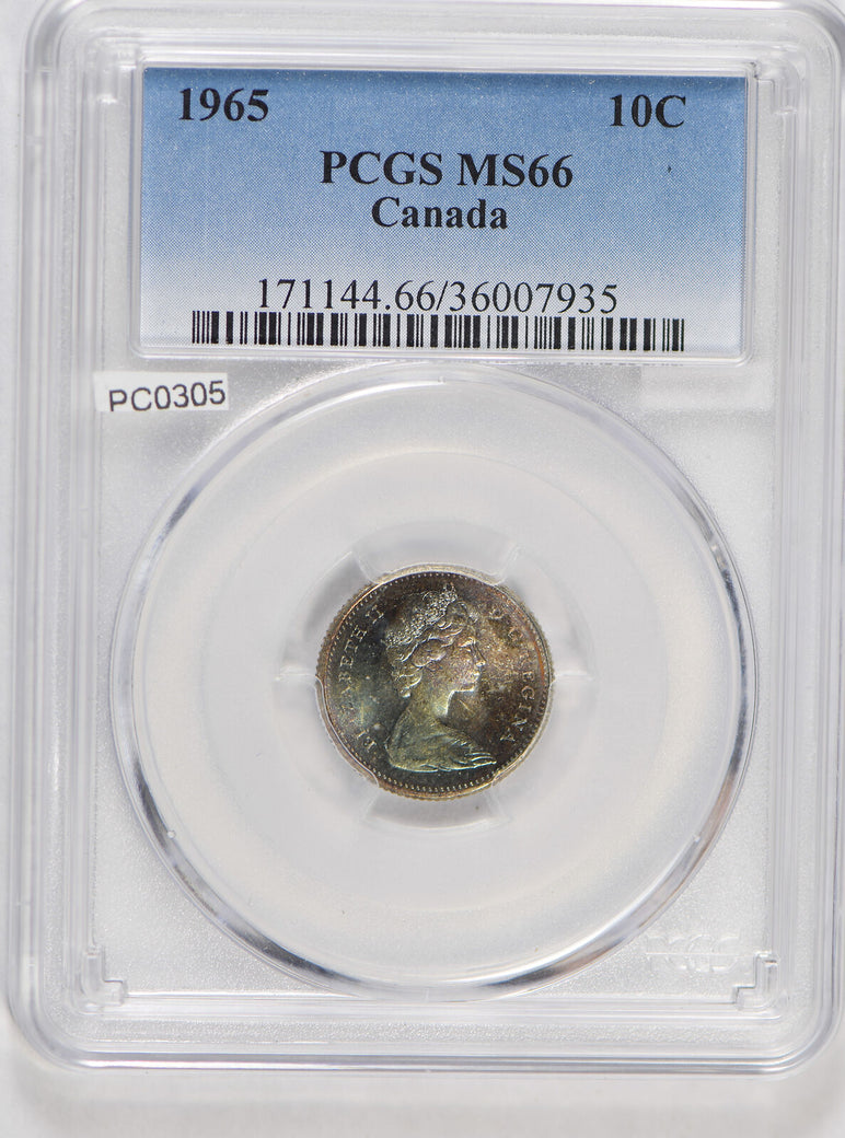 Canada 1965 10 Cents silver PCGS MS66 stunning blue golden toning PC0305 combine