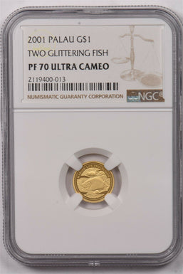 Palau 2001 Dollar gold Fish animal NGC Proof 70 Ultra Cameo 0.5 gram gold. 2 gli