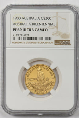 Australia 1988 200 Dollars gold NGC Proof 69 Ultra Cameo 0.2948oz gold. Australi