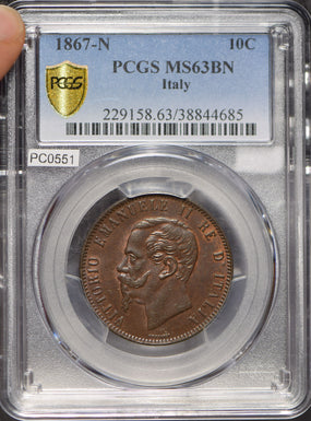Italy 1867 10 Centesimi PCGS MS63BN lustrous rare grade PC0551 combine shipping