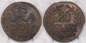 German East Africa 1916 T 20 Heller PCGS MS 62 Brass A/C, Large Crown, Curled Ti