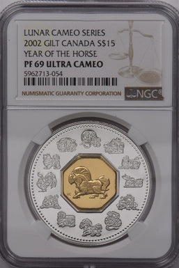 Canada 2002 15 Dollars Silver NGC Proof 69 Ultra Cameo Lunar Cameo Series Gilt Y