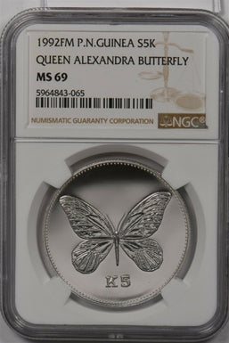 Papua New Guinea 1992 FM 5 Kina silver NGC MS 69 Queen Alexandra Butterfly NG137