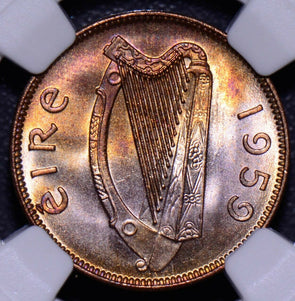 NG0143 Ireland 1959  1/4 Penny NGC MS 65 RB red blue purple toning