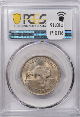 New Zealand 1963 Florin Kiwi Bird animal PCGS Genuine Environmental Damage-UNC D