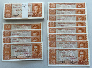 Bolivia 1962 50 Pesos Bank bundle of 100 CU+12 singles. P 162 BL0086 combine shi