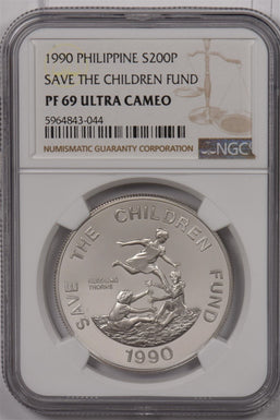 Philippines 1990 200 Piso silver NGC PF 69UC Save the Children Fund NG1338 combi
