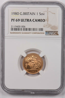 Great Britain 1980 Sovereign gold Horse animal NGC Proof 69 Ultra Cameo 0.2354oz