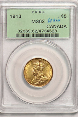 Canada 1913 $5 gold PCGS MS62 PC1176 combine shipping