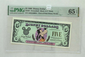 Disney Dollar 1999 $5 PMG Gem UNC 65EPQ DIS60. Goofy. View of Walt Disney Worl
