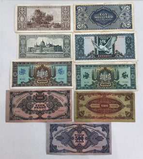 Hungary 1945~6 500 Forint Assortment of 17. Hyper inflation notes ~Billion Peng