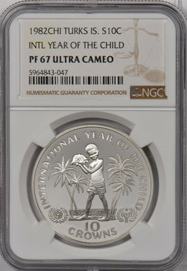 Turks and Caicos Islands 1982 10 Crowns silver NGC PF67UC Intl year of the child