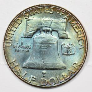 1963 Franklin Half Dollar 90% silver MS +++ color. Rainbow toning MS +++ U0220