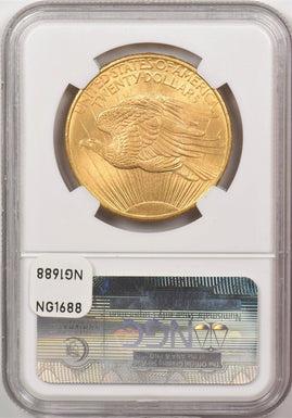 1908-No Motto $20, Double Eagle Gold Saint Guade NGC MS65 Gem! NG1688