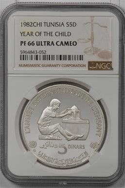 Tunisia 1982 CHI 5 Dinars silver NGC PF 66UC Year of the Child NG1331 combine sh
