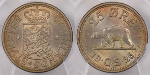 Greenland 1926 HCN 25 Ore Polar bear animal PCGS MS 64 KM-5 w/O Hole PI0143 comb