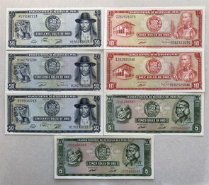 Peru 1972 ~75 5 Pesos, 10 Pesos, 50 Pesos Set of 7 CU Gem notes BL0104 combine s