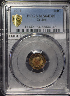Ceylon 1901 1/4 Cent PCGS MS64BN incandescent green blue toning PC0830 combine s