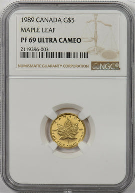 Canada 1989 5 Dollars gold NGC Proof 69 Ultra Cameo 0.1oz gold. Maple leaf NG113
