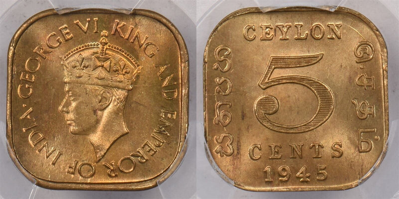 Ceylon 1945 5 Cents PCGS MS 66 Finest Known in PCGS Holder PC1393 combine shippi